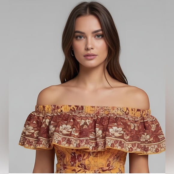 Boho Floral Pattern Off Shoulder A-Line Dress - Picture 2 of 8